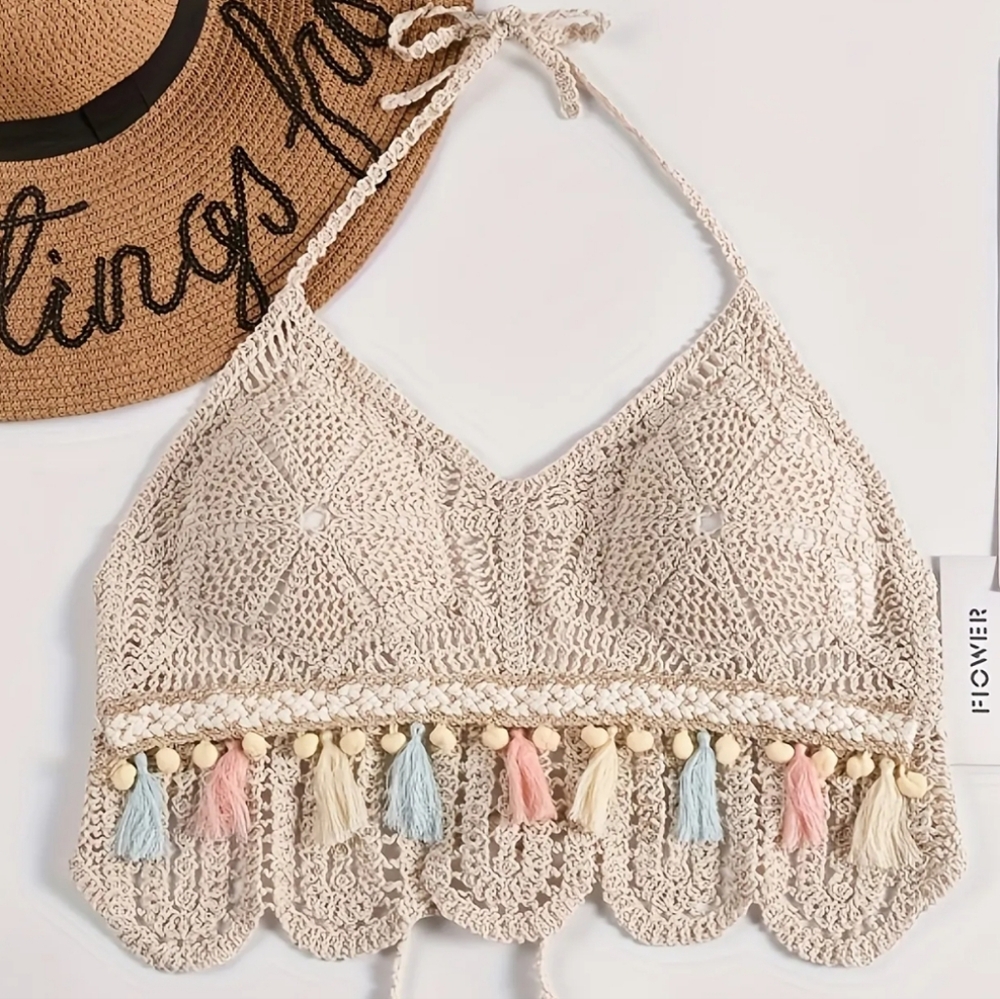 New Bohemian Crochet Tassel Top - Cream